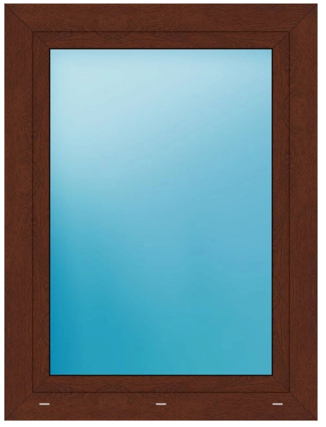 A rectangular window frame in a medium brown wood finish, featuring a large clear glass pane that reflects a light blue sky.