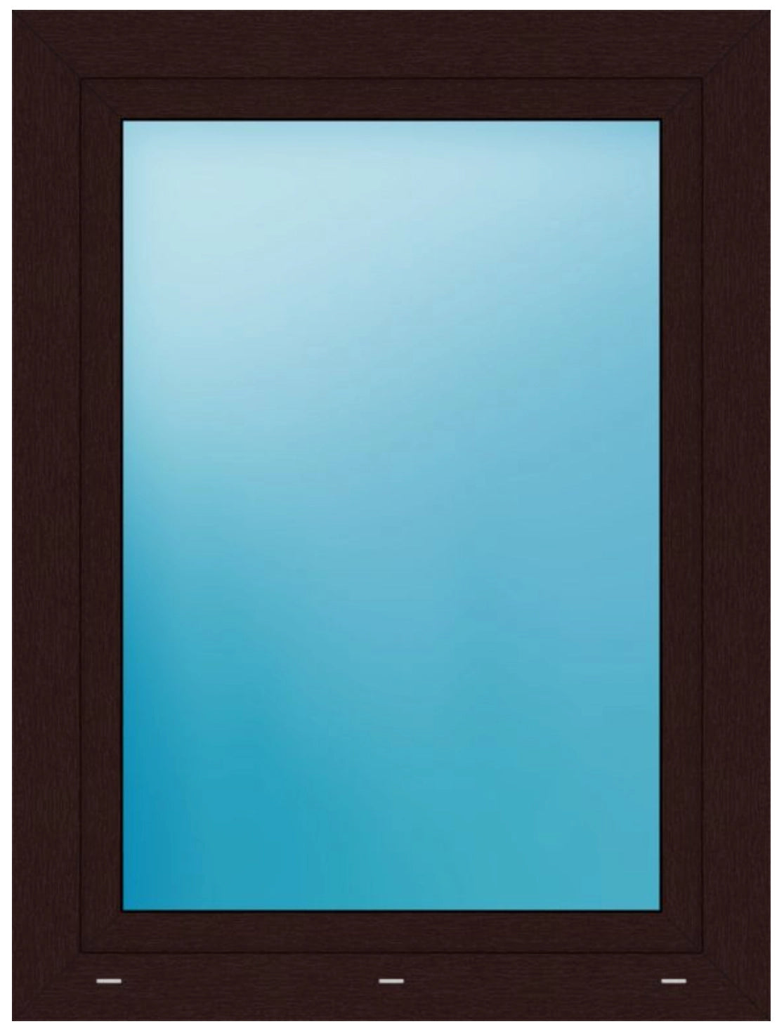 A dark brown wood-framed window or door panel with a large light blue-tinted glass panel in the center, shown against a plain white background.