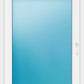 A white single-pane window frame with a blue-tinted glass or plastic insert, shown against a plain white background. A small white handle is visible on the right side.
