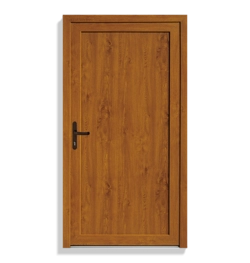 A single wooden door with a warm medium-brown finish and a black metal handle, shown against a plain white background.