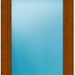 A square wood-framed mirror with a warm medium-brown finish and a light blue reflective surface.