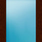 A rectangular mirror with a dark brown wood frame, showing a light blue gradient reflection.