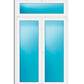 A white-framed double door window with a top transom, featuring frosted glass panels that show a blue gradient, isolated on a white background.