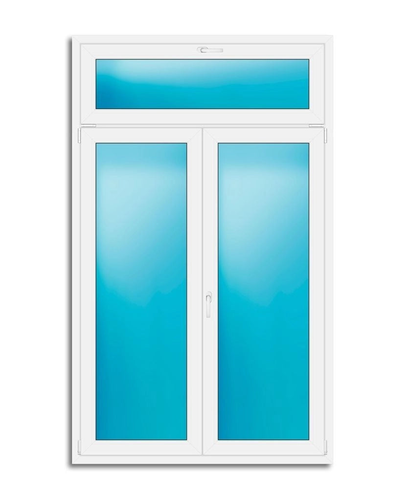 A white-framed double door window with a top transom, featuring frosted glass panels that show a blue gradient, isolated on a white background.