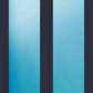 A double door window or patio door frame in a very dark charcoal/black finish, featuring two tall, narrow vertical glass panels with a blue gradient tint.