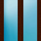 A double door or window panel with a dark brown wood grain frame and two tall vertical frosted glass panels showing a blue gradient.