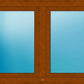 A double-pane window frame in medium brown wood with two vertical glass panes, shown against a blue gradient background.