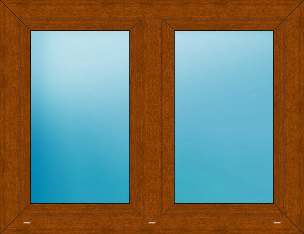 A double-pane window frame in medium brown wood with two vertical glass panes, shown against a blue gradient background.