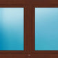 A double door window frame in a medium brown wood finish, featuring two vertical panels with light blue-tinted glass.