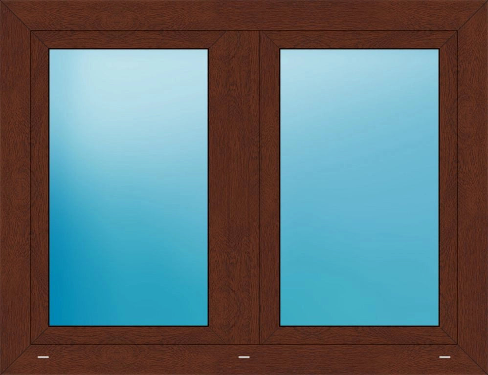 A double door window frame in a medium brown wood finish, featuring two vertical panels with light blue-tinted glass.