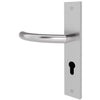 A modern lever handle door lockset in a satin chrome finish, featuring a slim curved lever and a matching rectangular backplate with a keyhole cutout, shown against a plain white background.