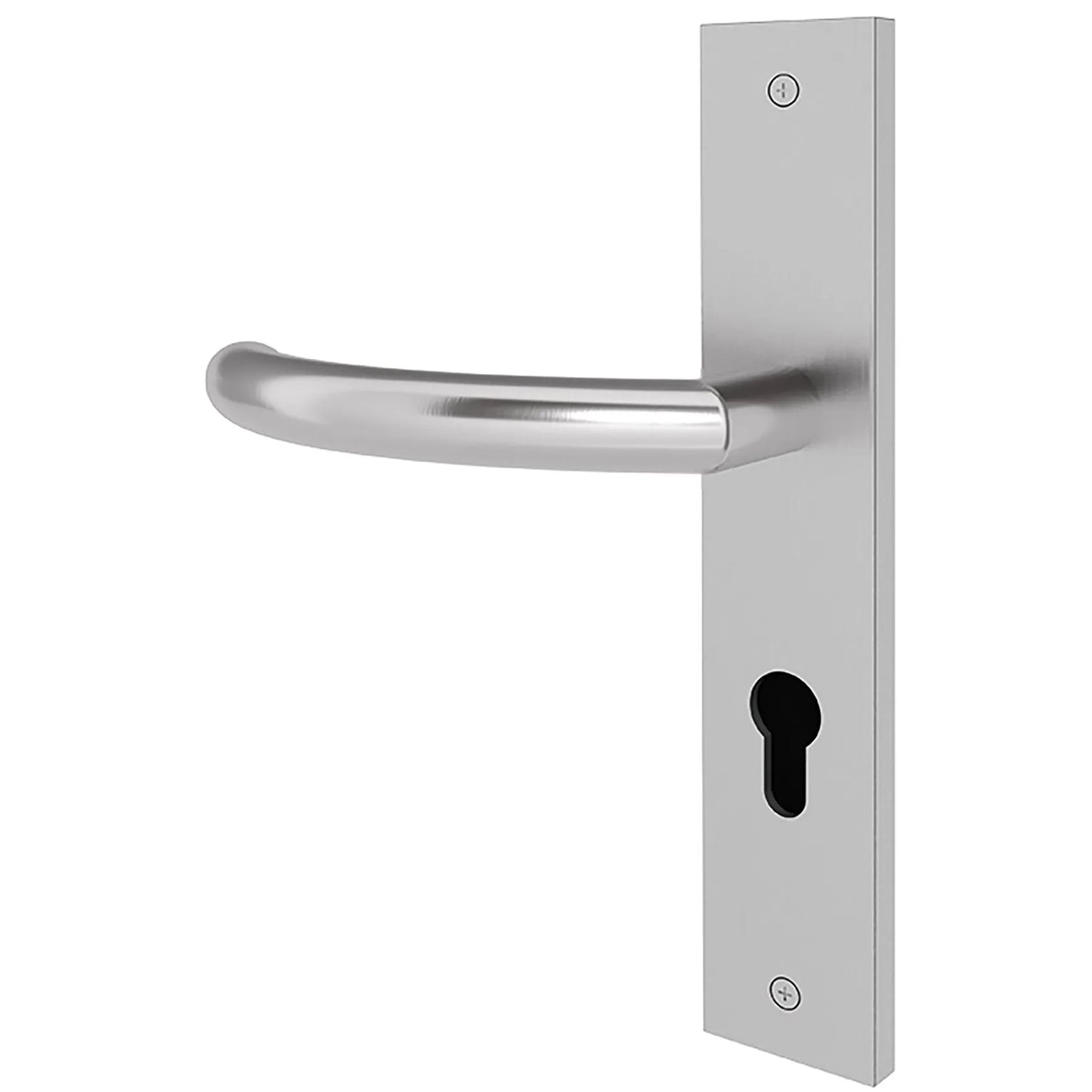 A modern lever handle door lockset in a satin chrome finish, featuring a slim curved lever and a matching rectangular backplate with a keyhole cutout, shown against a plain white background.