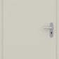 A minimalist off-white interior door with a modern silver horizontal lever handle and keyhole, shown against a matching light background.