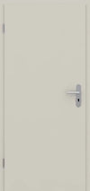 A minimalist off-white interior door with a modern silver horizontal lever handle and keyhole, shown against a matching light background.