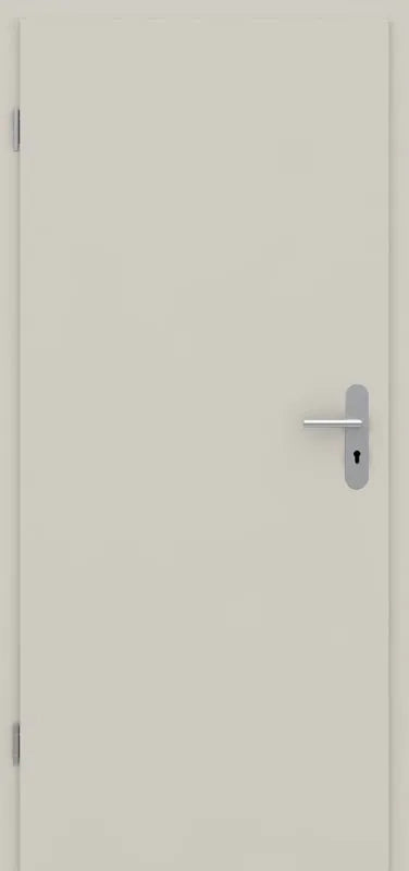 A minimalist off-white interior door with a modern silver horizontal lever handle and keyhole, shown against a matching light background.