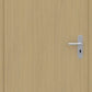 A light oak wood interior door with a silver metal lever handle and keyhole, shown against a matching wood background.