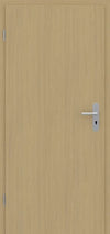 A light oak wood interior door with a silver metal lever handle and keyhole, shown against a matching wood background.