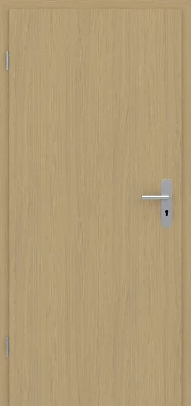 A light oak wood interior door with a silver metal lever handle and keyhole, shown against a matching wood background.