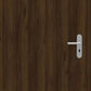 A dark brown wood grain interior door with a silver metal lever handle and keyhole, shown against a matching wood background.