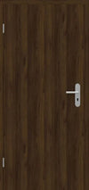A dark brown wood grain interior door with a silver metal lever handle and keyhole, shown against a matching wood background.