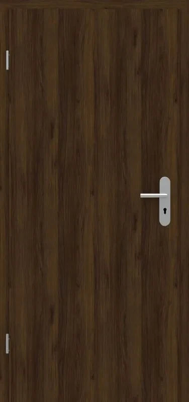 A dark brown wood grain interior door with a silver metal lever handle and keyhole, shown against a matching wood background.