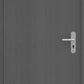 A dark gray wood-textured interior door with a silver horizontal lever handle and keyhole, shown against a matching gray background.