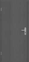A dark gray wood-textured interior door with a silver horizontal lever handle and keyhole, shown against a matching gray background.