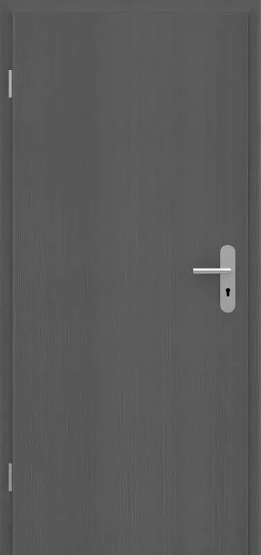 A dark gray wood-textured interior door with a silver horizontal lever handle and keyhole, shown against a matching gray background.