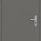 A modern, minimalist interior door in a solid dark gray finish, featuring a silver horizontal lever handle and a matching keyhole cutout on the right side.