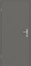 A modern, minimalist interior door in a solid dark gray finish, featuring a silver horizontal lever handle and a matching keyhole cutout on the right side.