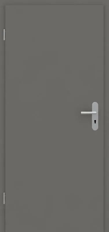 A modern, minimalist interior door in a solid dark gray finish, featuring a silver horizontal lever handle and a matching keyhole cutout on the right side.