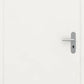 A modern white interior door with a silver metal lever handle and keyhole, shown against a matching white background.