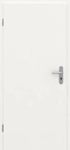 A modern white interior door with a silver metal lever handle and keyhole, shown against a matching white background.