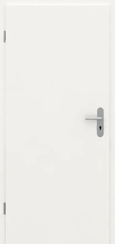 A modern white interior door with a silver metal lever handle and keyhole, shown against a matching white background.
