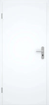 A modern white interior door with a minimalist silver metal lever handle and keyhole, shown against a matching white background.