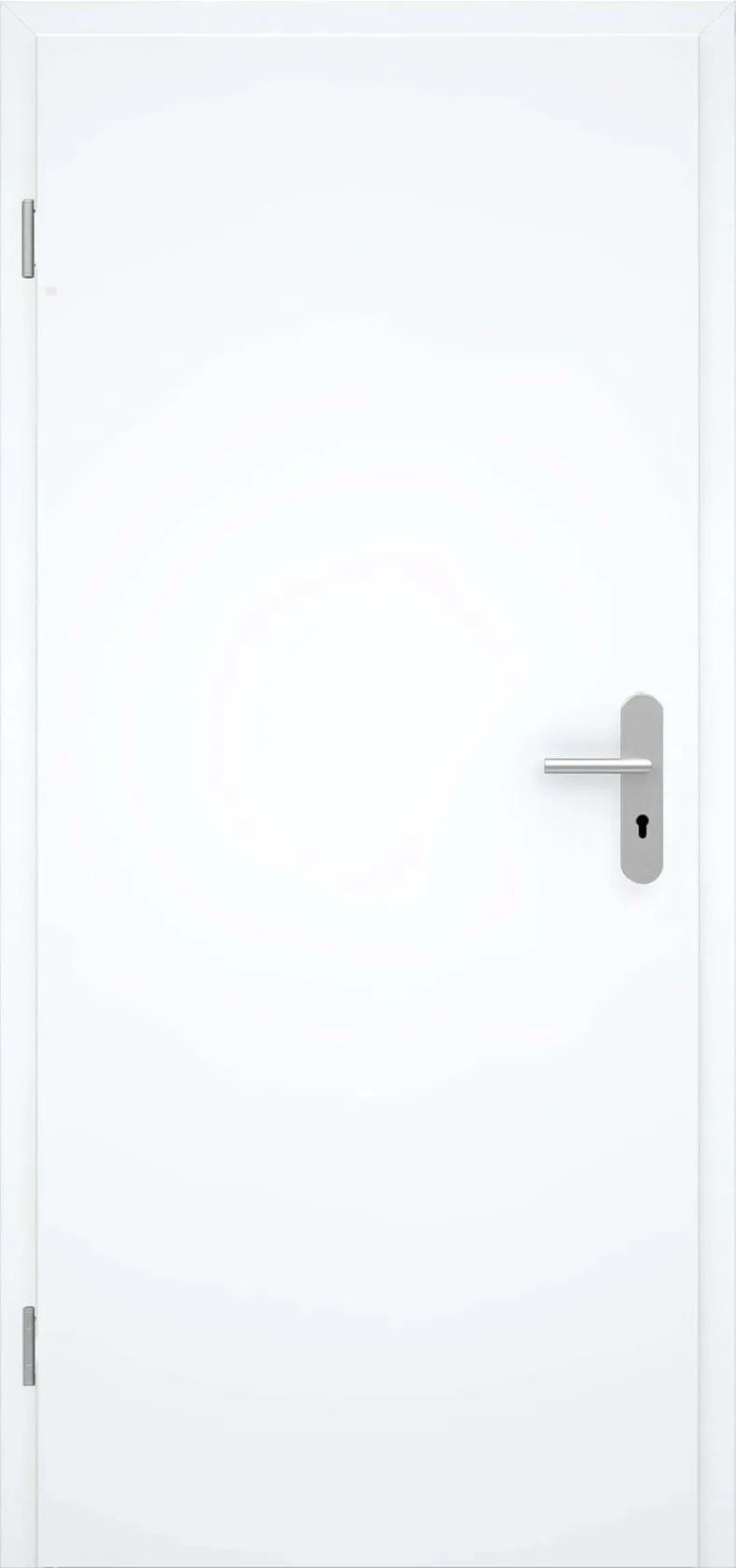 A modern white interior door with a minimalist silver metal lever handle and keyhole, shown against a matching white background.
