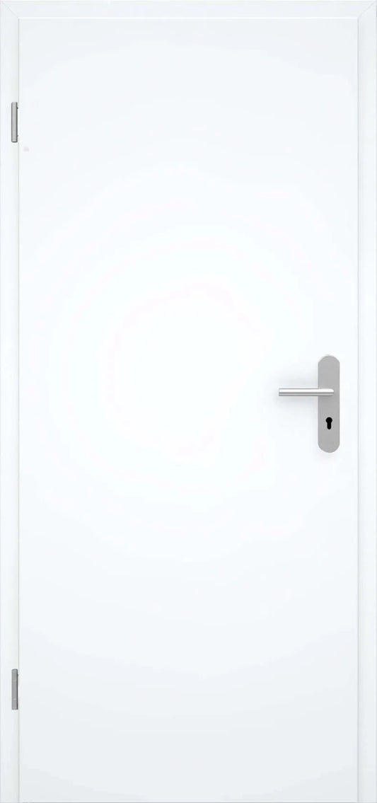 A modern white interior door with a minimalist silver metal lever handle and keyhole, shown against a matching white background.