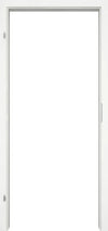 A minimalist white interior door with a slim silver metal frame and hinges, shown against a matching white background.