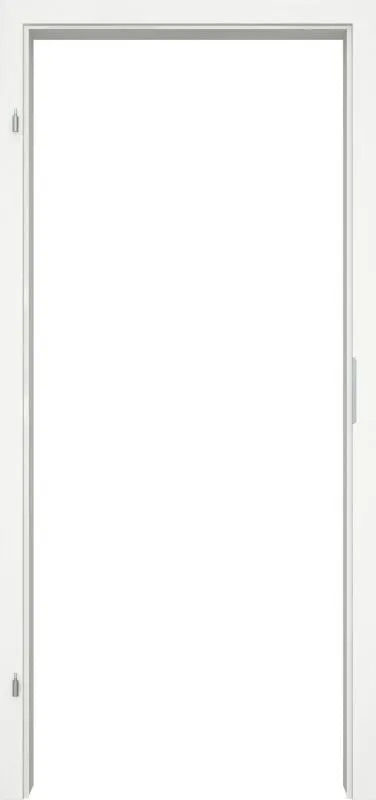 A minimalist white interior door with a slim silver metal frame and hinges, shown against a matching white background.