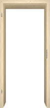 A light natural wood interior door frame shown against a solid white background, featuring a simple rectangular shape with small metal hinges on the left side.