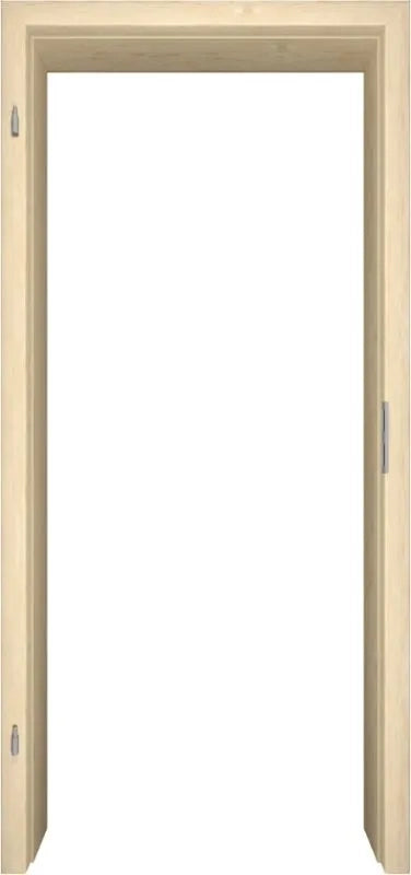 A light natural wood interior door frame shown against a solid white background, featuring a simple rectangular shape with small metal hinges on the left side.
