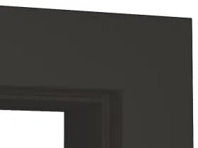 Close-up of a dark charcoal gray or black frame corner with a white opening visible inside, likely part of a door or window frame.