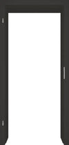 A dark gray or black door frame shown from the front, with a white interior visible behind it and small silver hardware details on the left and right edges.