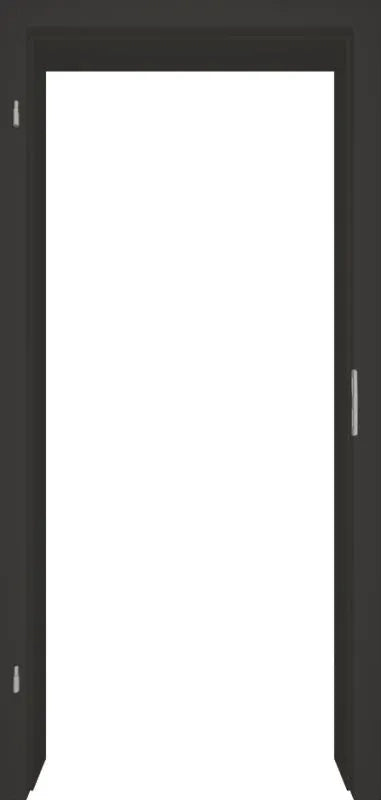 A dark gray or black door frame shown from the front, with a white interior visible behind it and small silver hardware details on the left and right edges.