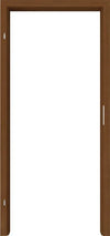 A brown wooden interior door frame with a white center panel, showing a slim vertical handle on the right side.