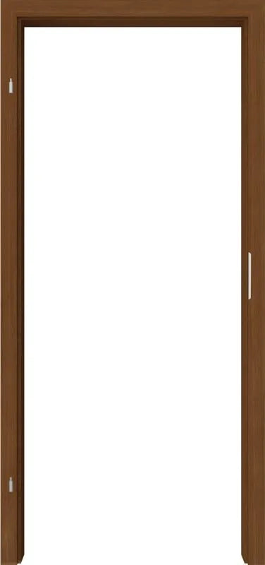 A brown wooden interior door frame with a white center panel, showing a slim vertical handle on the right side.