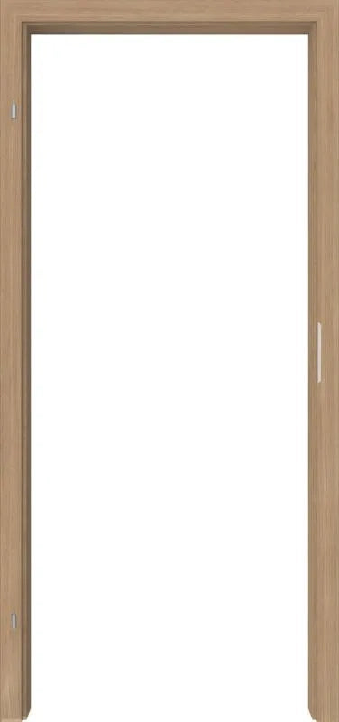 A light oak wood interior door frame with a recessed center, shown against a solid white background.