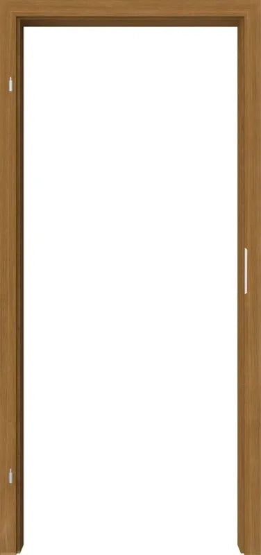 A tall, narrow wooden door frame in a medium brown finish, shown against a solid white background.
