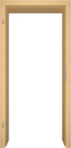 A light natural wood door frame shown against a solid white background, featuring a recessed center and small metal latch hardware on the sides.