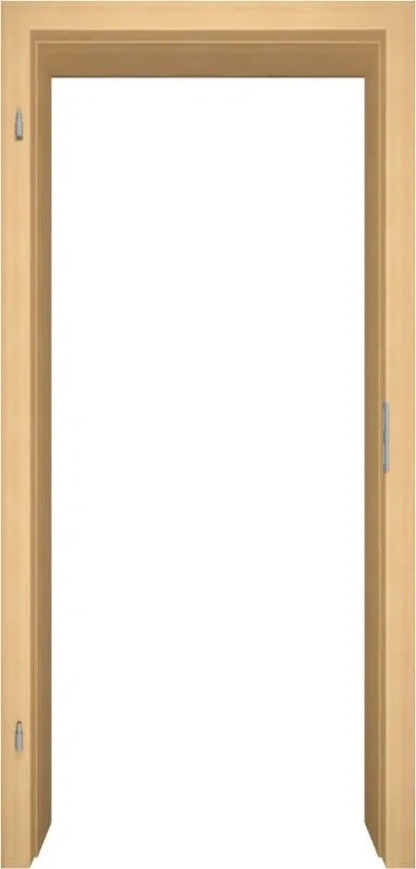 A light natural wood door frame shown against a solid white background, featuring a recessed center and small metal latch hardware on the sides.